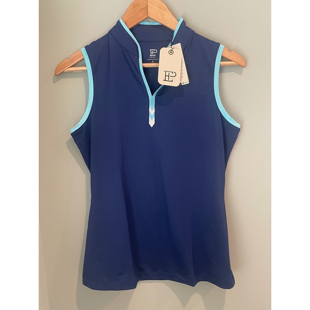 EP NY Sleeveless Golf Polo Navy Blue Light Blue Trim UV 50+ Top‎ NWT